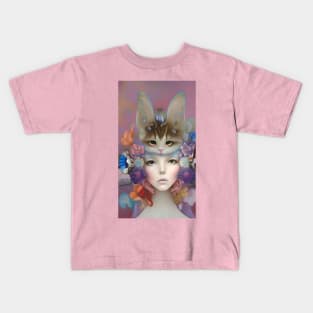 Wonderful pastel colored design of flowers a pretty girl and cat Kids T-Shirt